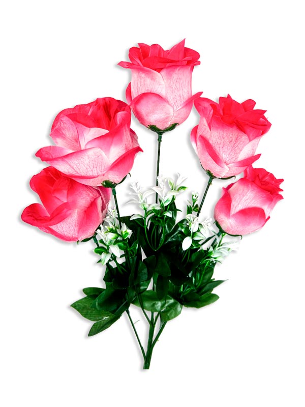 Ramo de 5 rosas con adornos blancos,  largo 50 cm, corola 10 cm