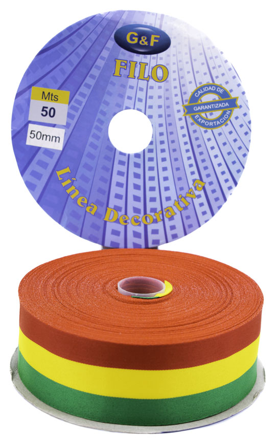 Cinta Tricolor ROLLO Boliviana con Borde Dorado 5cmx50y