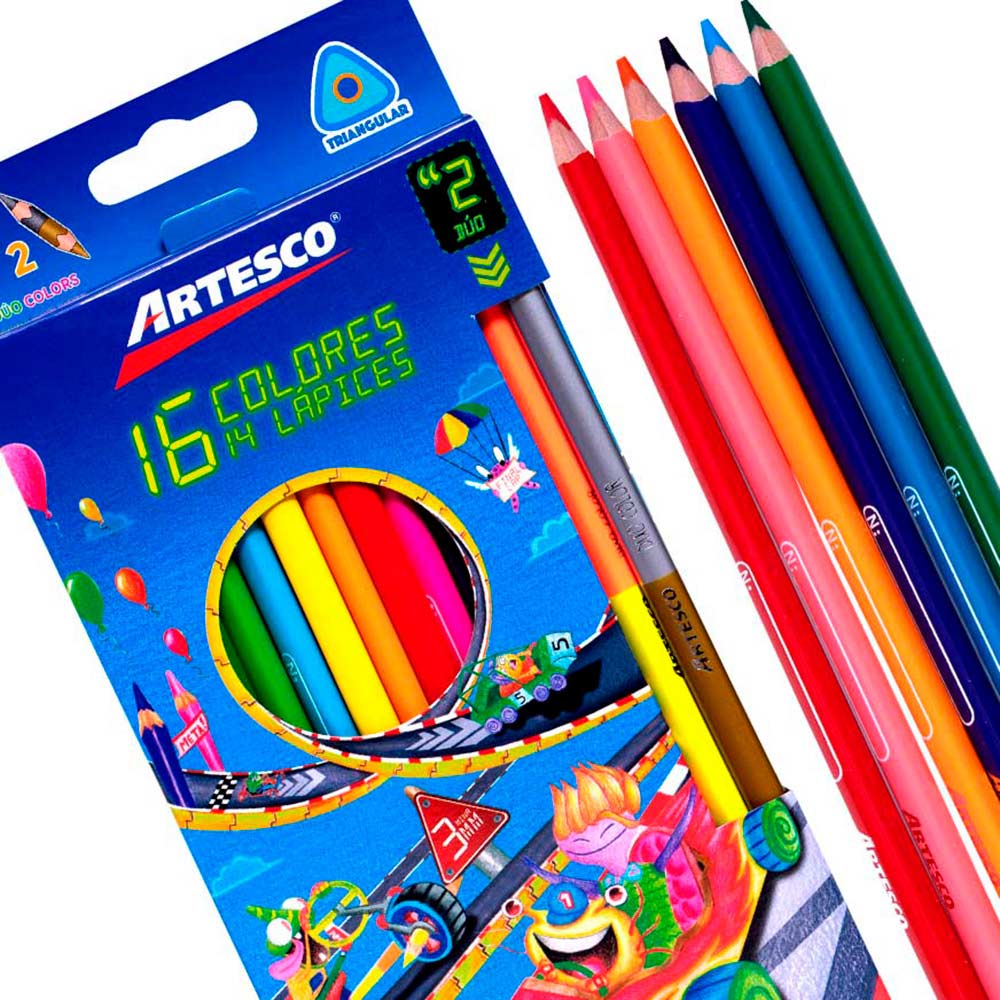 Color largo triangular mina de 3MM Artesco de 16 Colores, 14 palices + tajador