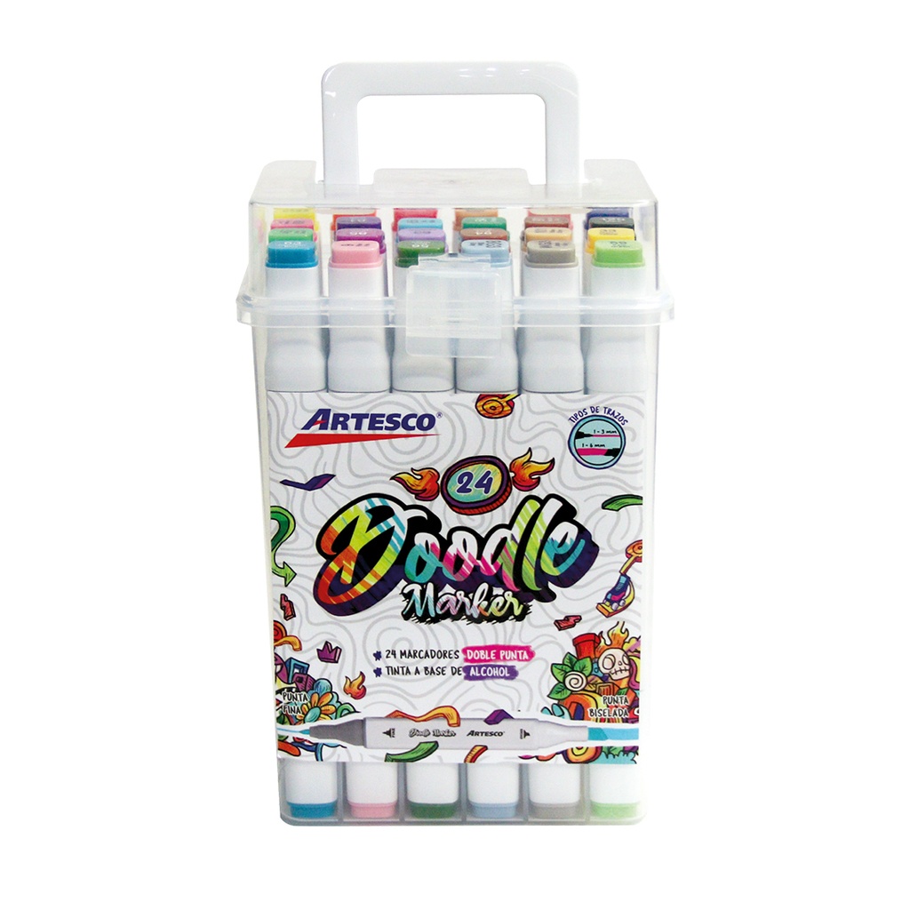 [DOO-36] Marcadores DOODLE doble punta biselado y redondo 5/1.5mm frasco rigido de 36 colores