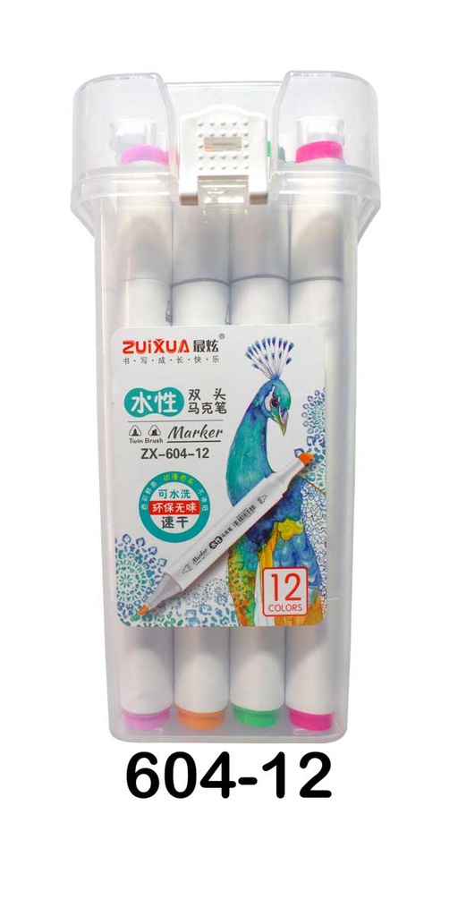 [ZX-602-12] Marcadores a base de agua doble punta biselado y redondo 5/1.5mm Zuixua frasco rigido de 12 colores