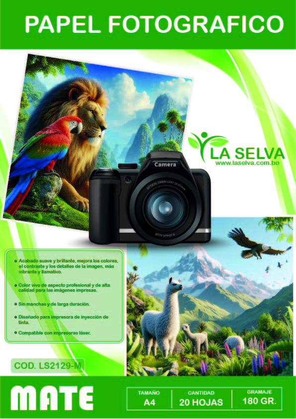 [LS2129-M] Papel fotografico A4 de 180grs La Selva de 20 hojas (Mate)